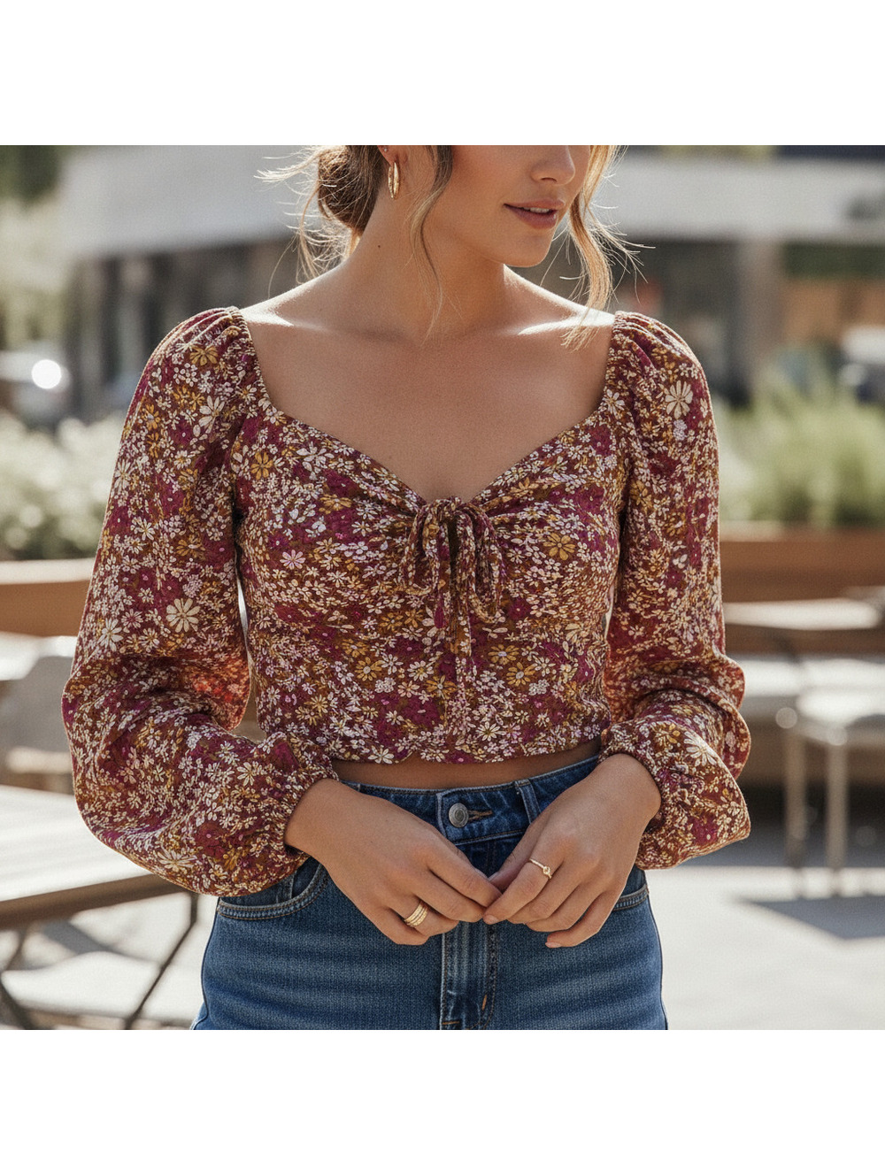 Patrons of Peace Pink Floral Tie-Neck Bell Sleeve Crop Top, Size Small, NWOT